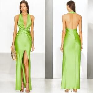 KHANUMS X Revolve Halter Gown With Slit in Pear Green Size Small